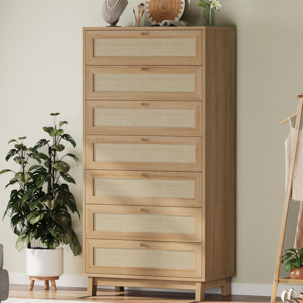 Rattan Dresser with 7 Drawer, Modern Double Wooden Tall Bedroom Dresser, Chest of Drawers with Metal Handle & Solid