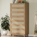 Rattan Dresser with 7 Drawer, Modern Double Wooden Tall Bedroom Dresser, Chest of Drawers with Metal Handle & Solid