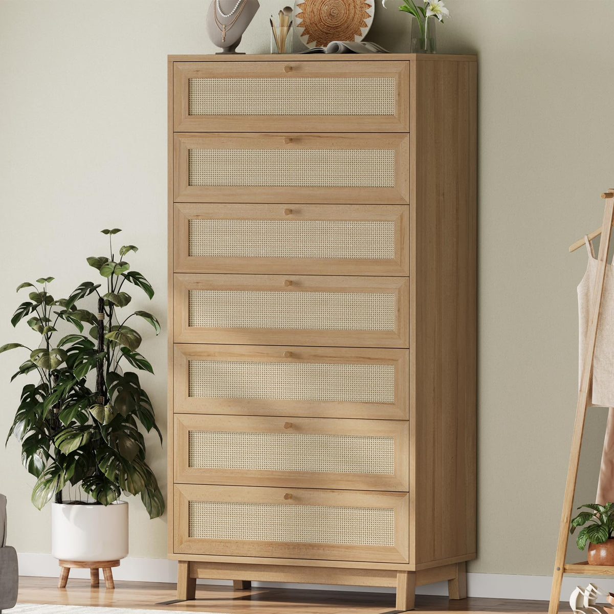 Rattan Dresser with 7 Drawer, Modern Double Wooden Tall Bedroom Dresser, Chest of Drawers with Metal Handle & Solid