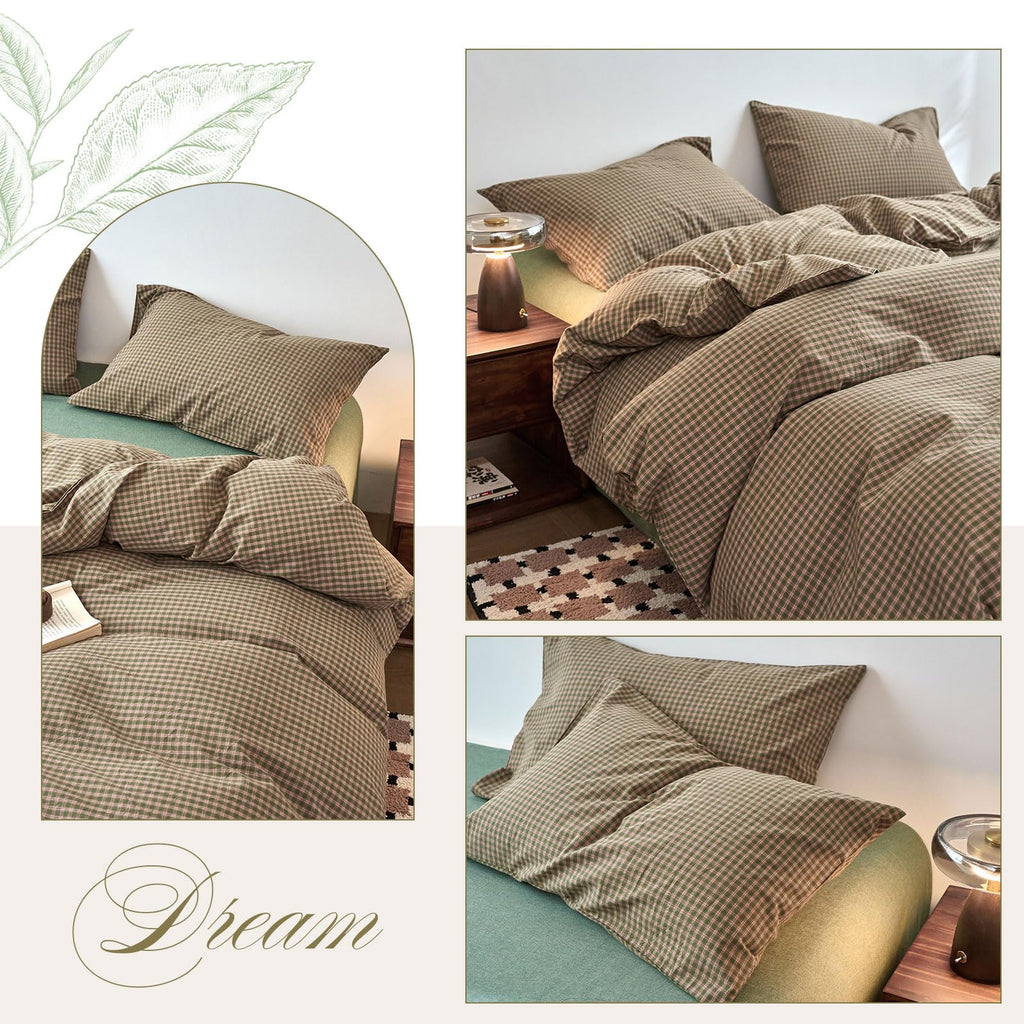 Vintage Gingham Duvet Cover Soft Breathable Washed Cotton Plaid Comforter Cover with 2 Pillowcases