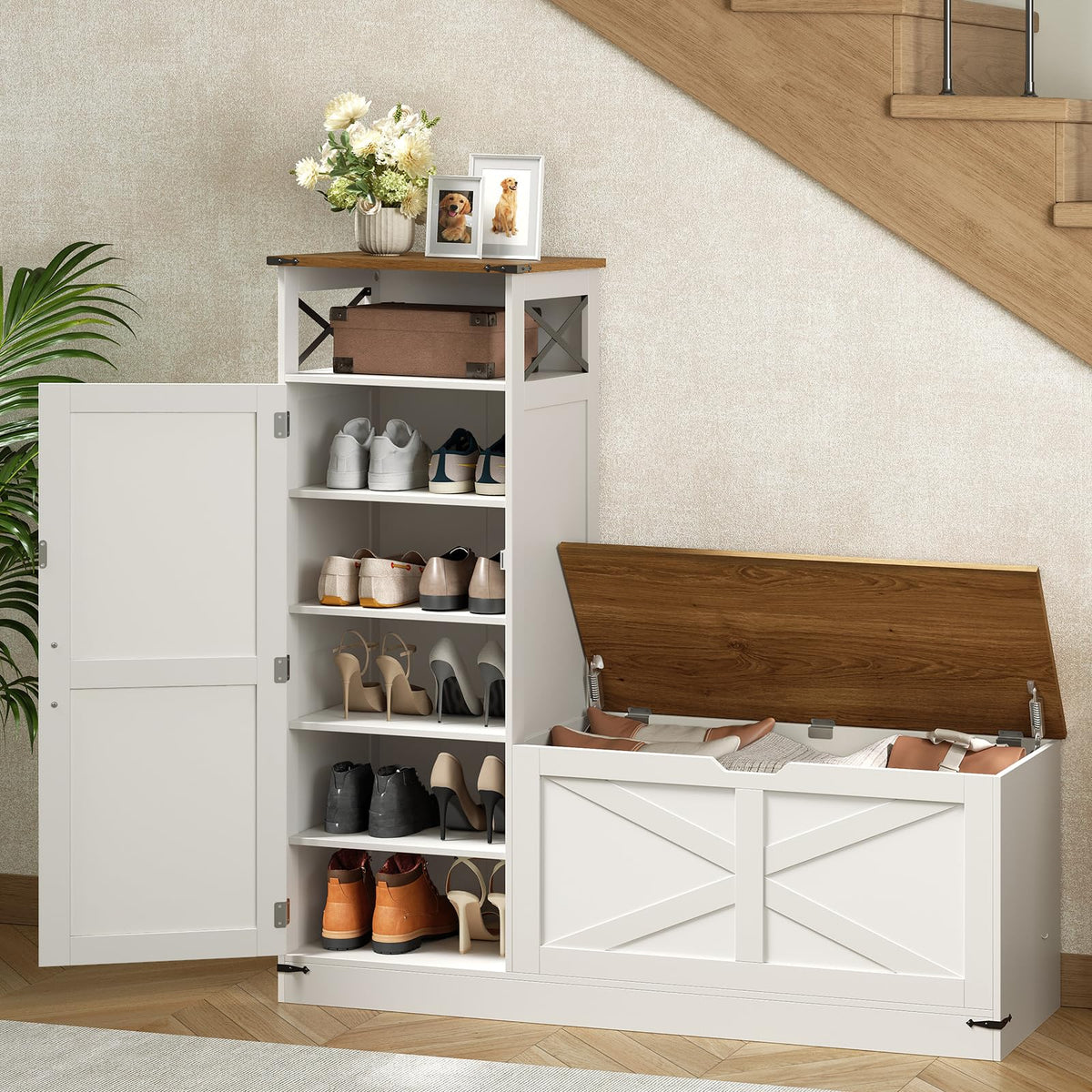 Shoe Cabinet with Bench, L-Shaped Shoe Bench, Storage Bench, Farmhouse Shoe Storage Cabinet with Adjustable Shelves