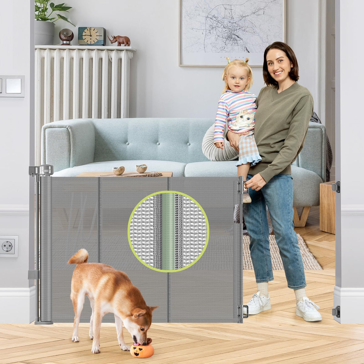 Reinforced 55" Wide Retractable Dog Gate with Support Rods, 33" Tall Retractable Baby Gate for Dogs, No Sag and