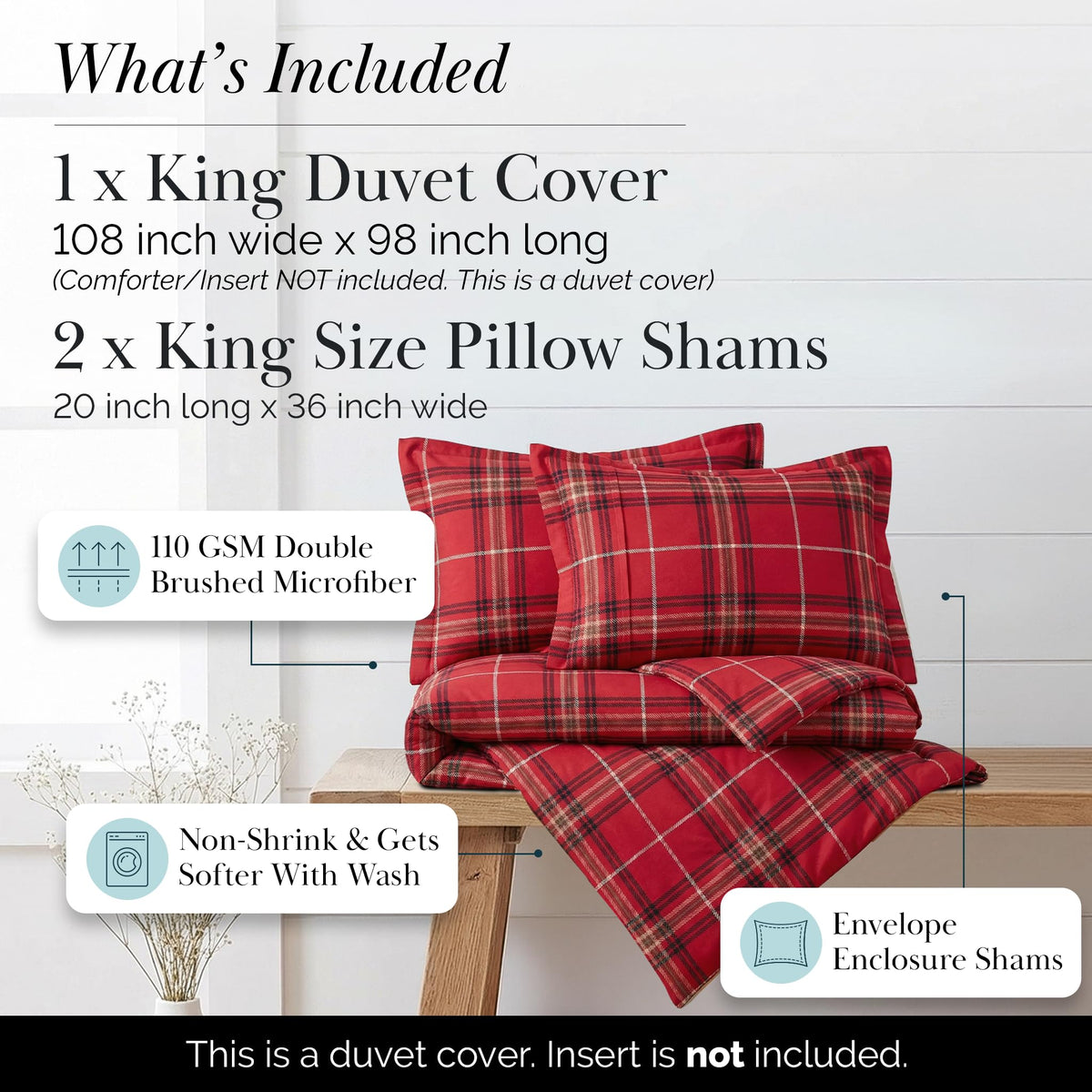 Plaid Duvet Cover Set Easy Care Hotel Quality Red
