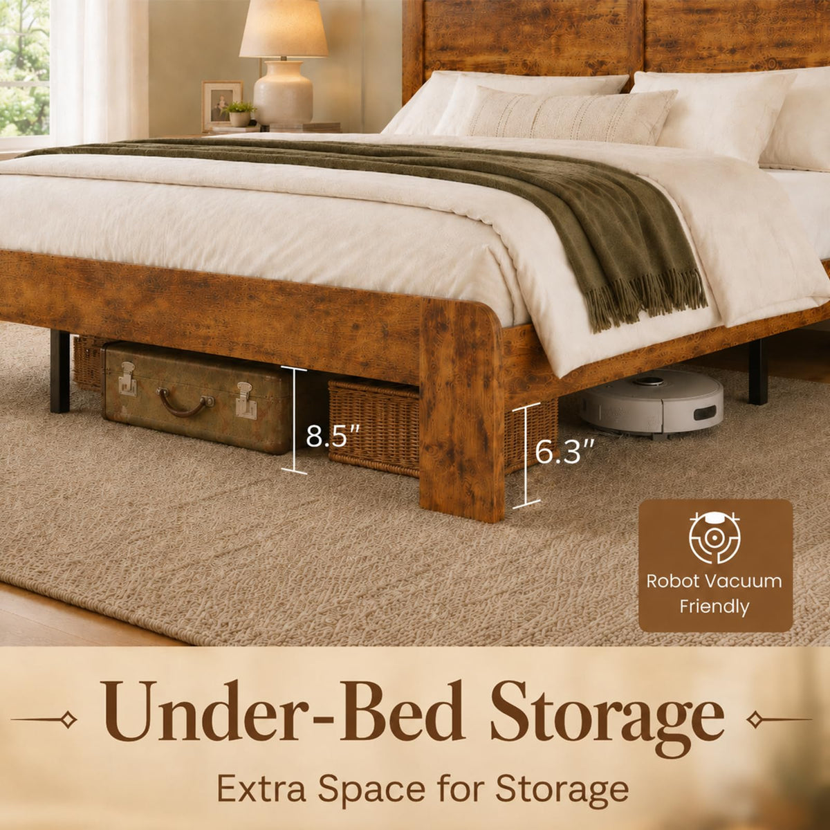 Bed Frame with Headboard, Farmhouse Wooden Bed Frame, Brown