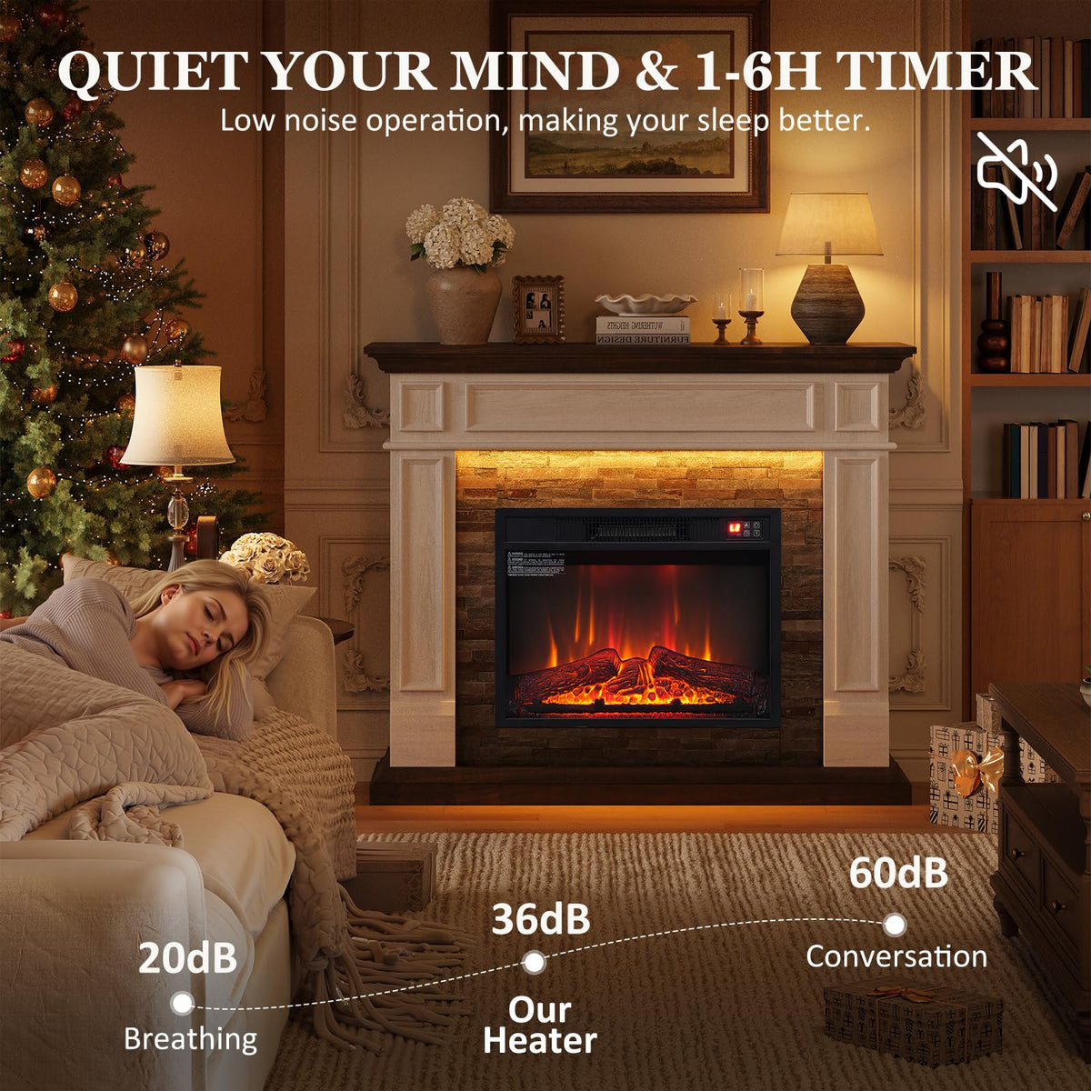 44 Inch Electric Fireplace Mantel with LED, White & Brown