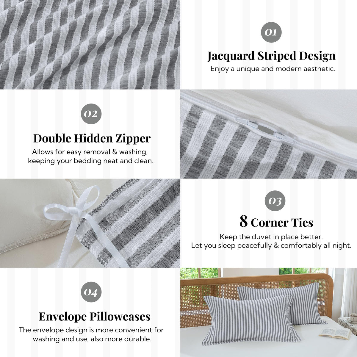 Jacquard Striped Duvet Cover Set 3pcs Dual Zipper Dark Grey