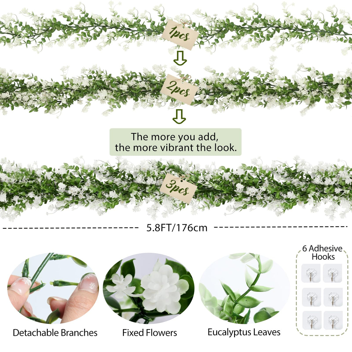 Faux Eucalyptus Garland Plant Fake Vines, Faux Draping Greenery, 3Pcs