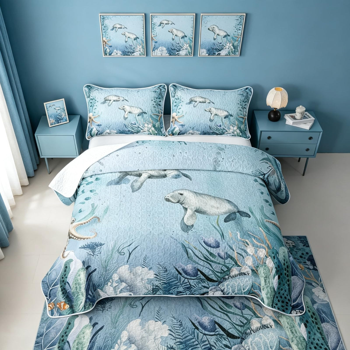 Manatee Quilt Bedding Set Teal Blue Ocean Beach Coastal Quilt Bedding Starfish Octopus Tentacles Bedspread