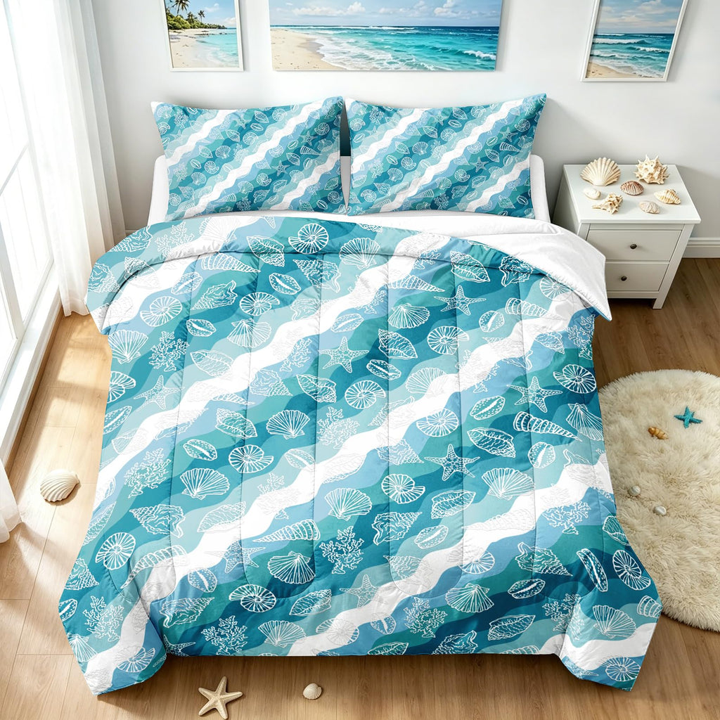 Teal Ocean Waves Comforter Set Seashells and Starfish Bedding Coastal Beach Theme 1 Comforter with 1