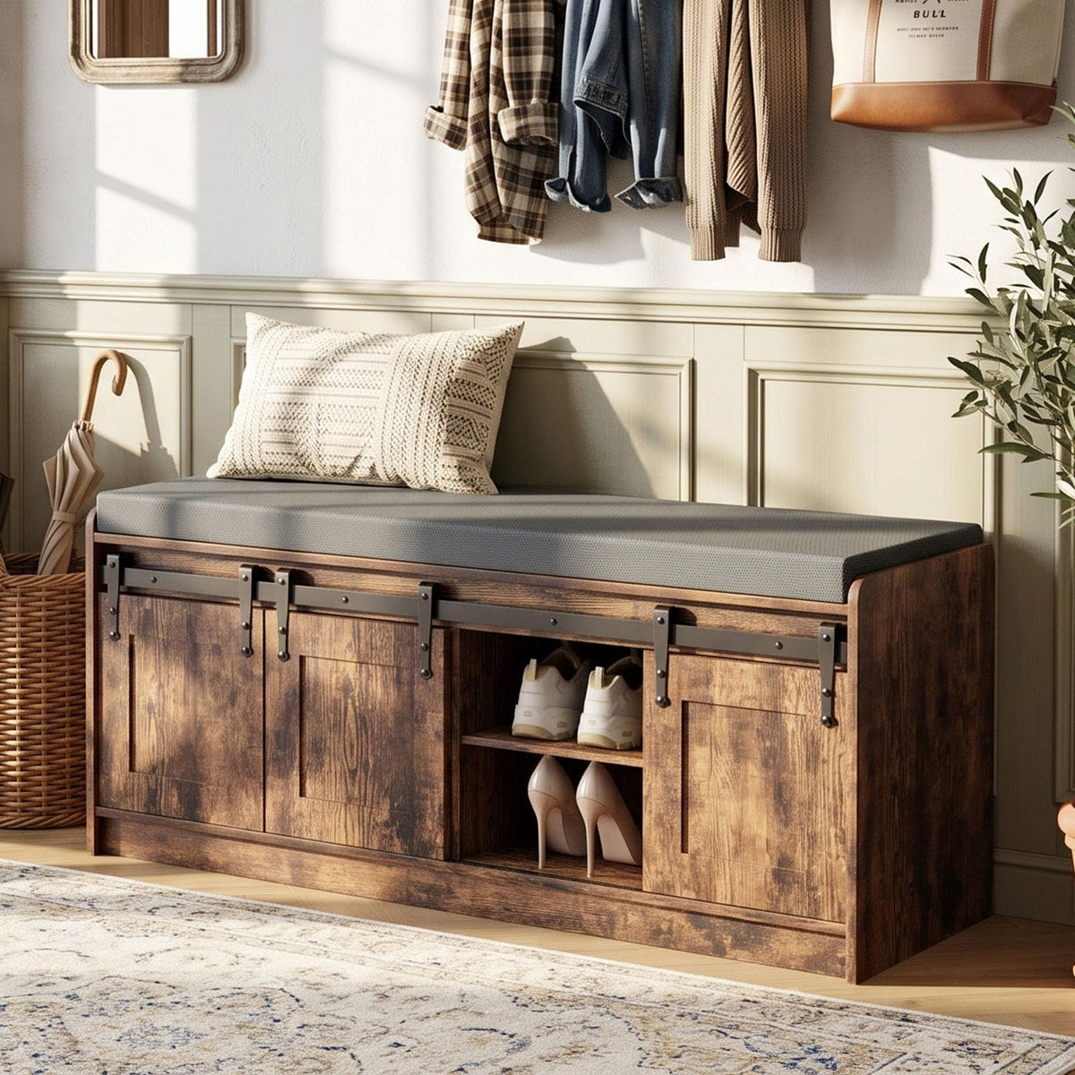 42" Farmhouse Shoe Storage Bench, Rustic Brown, 2pc