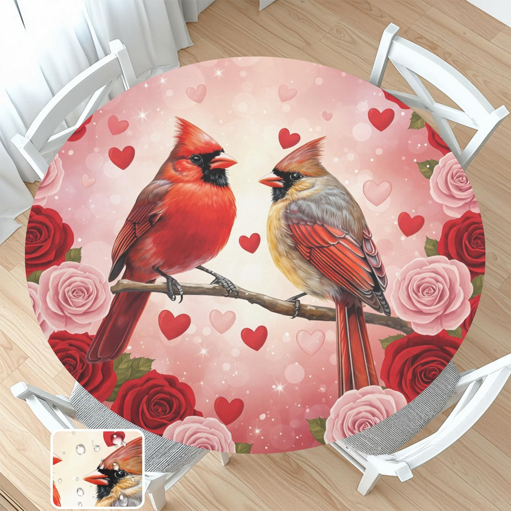 Valentines Day Round Fitted Tablecloth with Elastic Cardinal Bird Heart Circle Table Cloth for 48-52" Tables Wipeable