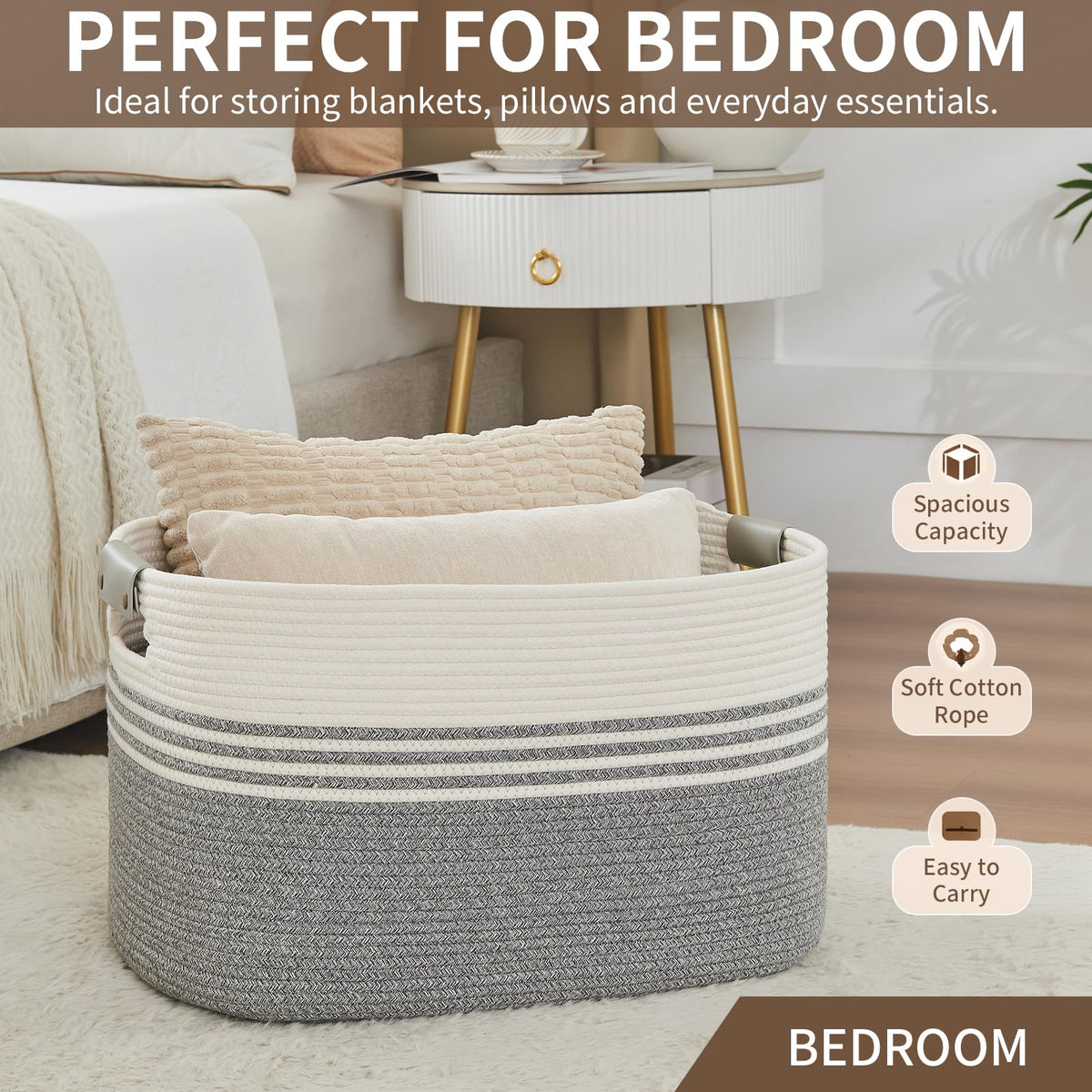 Hamper with Handles, 72L Rope Laundry Basket, Grey & White