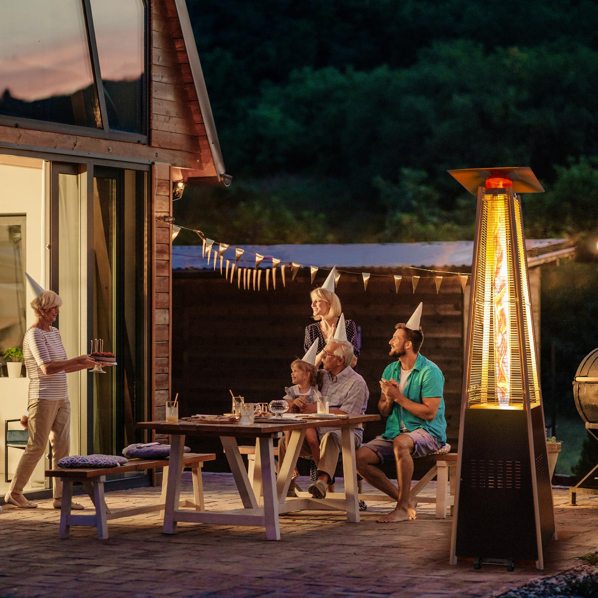 Flame Pyramid Pool Heater, Triple Safety Protection with Patio Cover, Warm Glass Tube Portable Heater with Durable