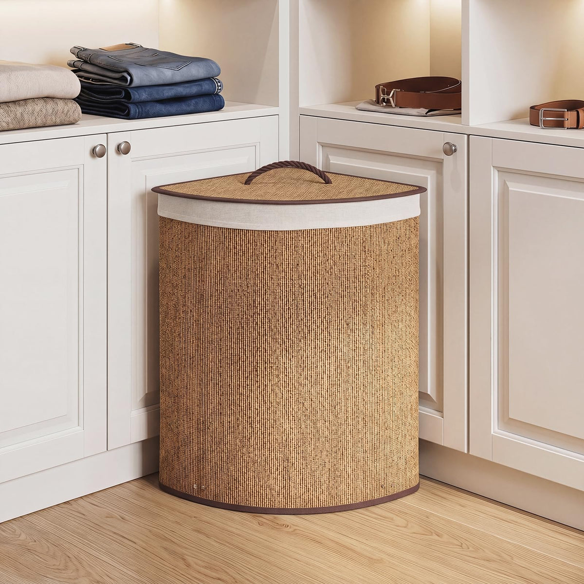 15 Gal Corner Laundry Hamper w/Lid, Removable Liner & Handle Khaki