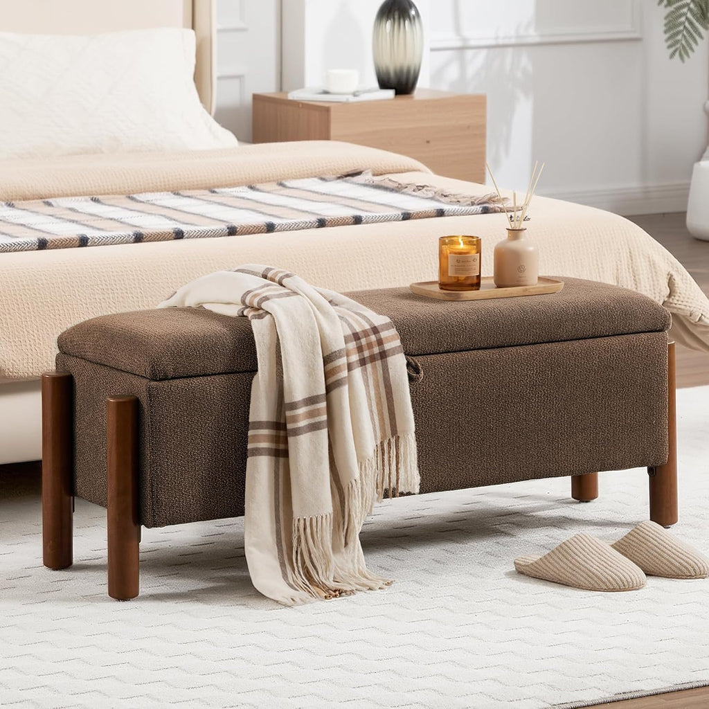 47'' Modern Storage Ottoman Benches with Walnut Wood Legs Ottoman Bench with 22 Gallons Storage Space Fabric