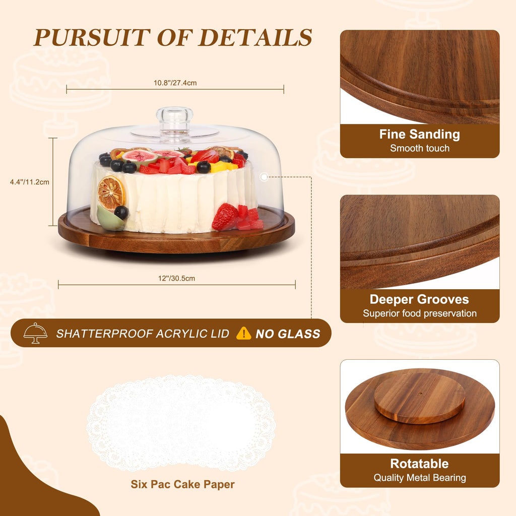 Stand with Clear Acrylic Dome Lid, 12'' Acacia Wood Cake Holder