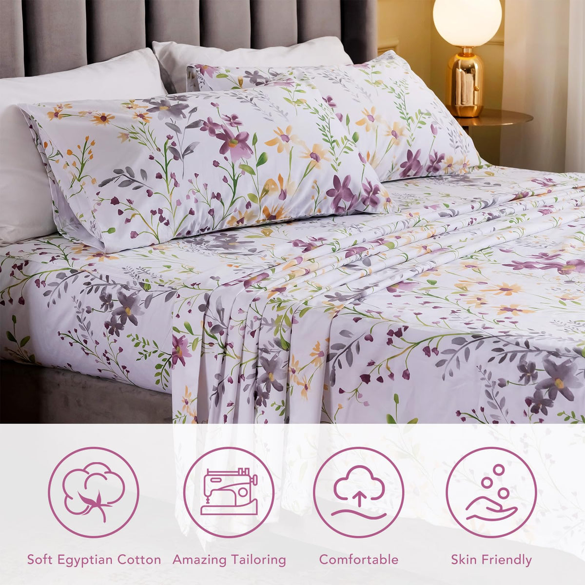 100% Egyptian Cotton King Sheets Sets 4 PCS, Floral Botanical Printed Bed Sheets with 17.5" Deep Pocket, Patterned