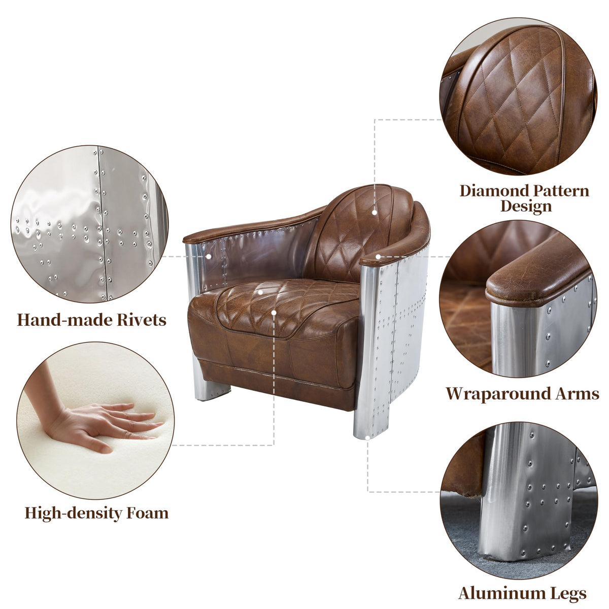 Mid Century Industrial Genuine Leather Accent Club Chair Cognac