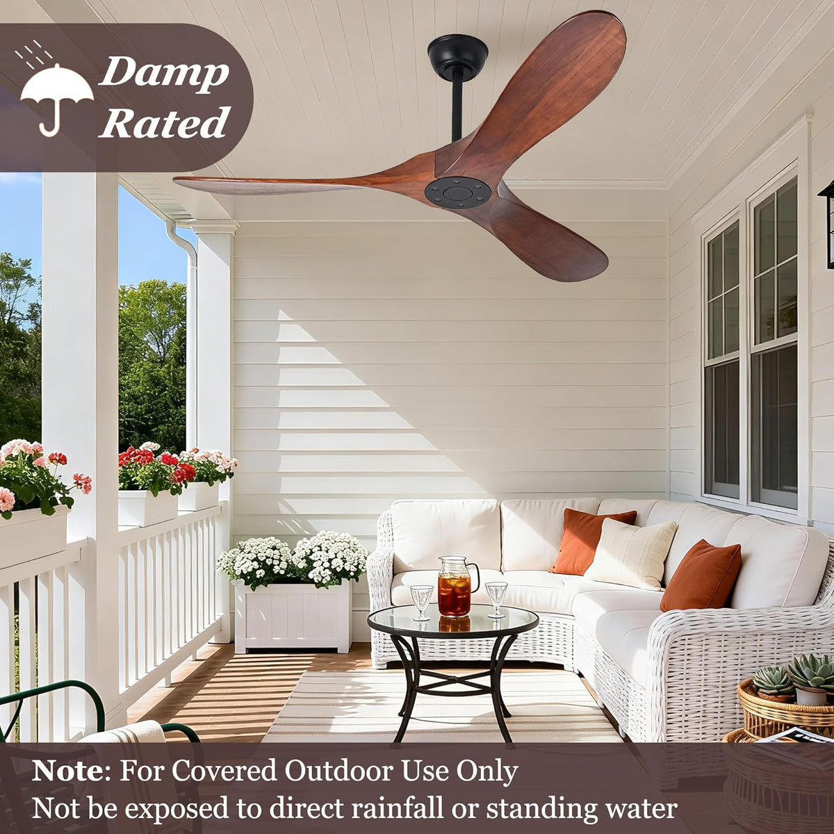 Inspired Maverick Style 72" Ceiling Fans Without Lights, 72 Inch Outdoor Ceiling Fans no Lights, 3 Blade Solid Wood Damp Rated Ceiling Fan with Remote Control for Living Room Gazebo/Patios Porch,Dark Walnut,Christmas Gifts
