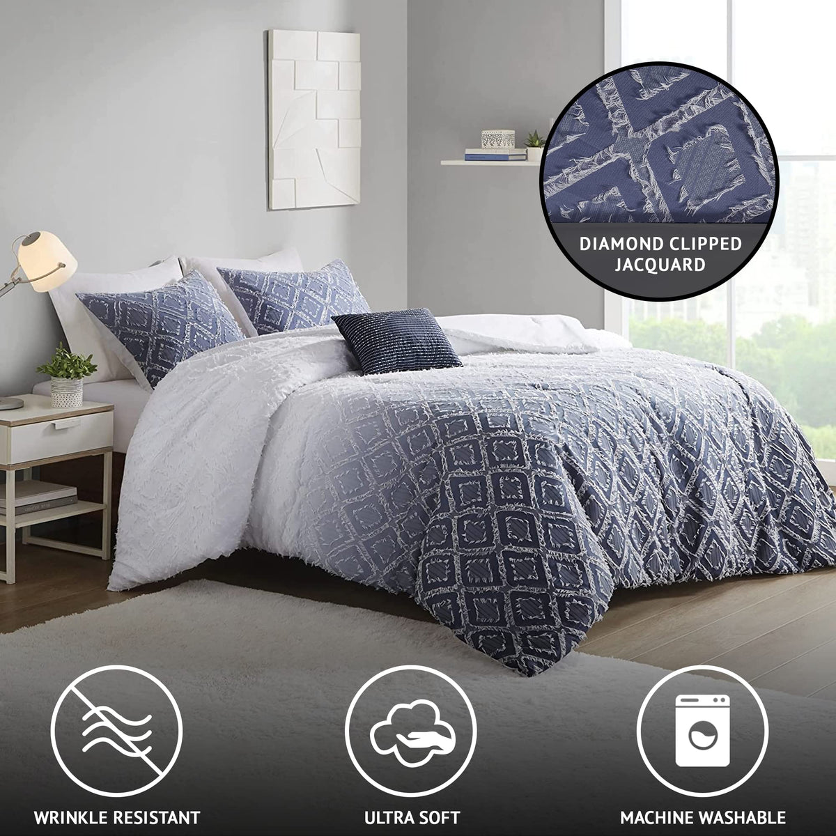 Ava Duvet, Trendy Ombre, Textured Diamond Clipped Jacquard Design, Cozy Bedding Cover for Comforter, Matching Sham