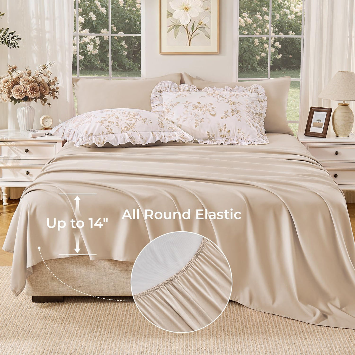 Beige Floral Comforter-7 Piece Ruffle Bedding