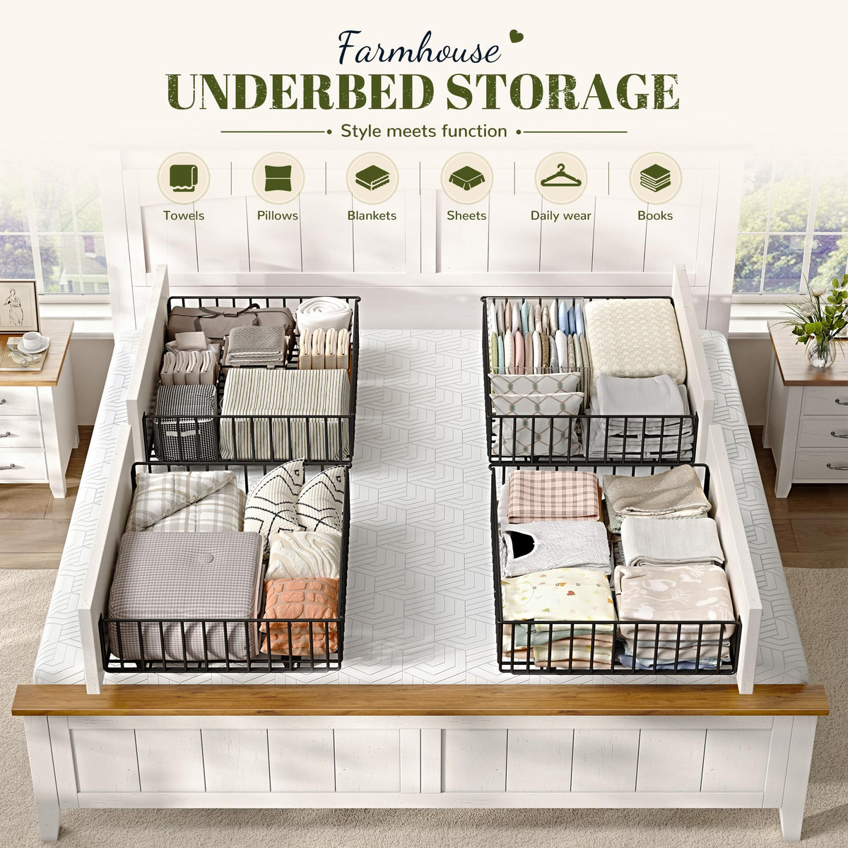 Farmhouse Bed Frame with 50.4" Tall Headboard, Antique White