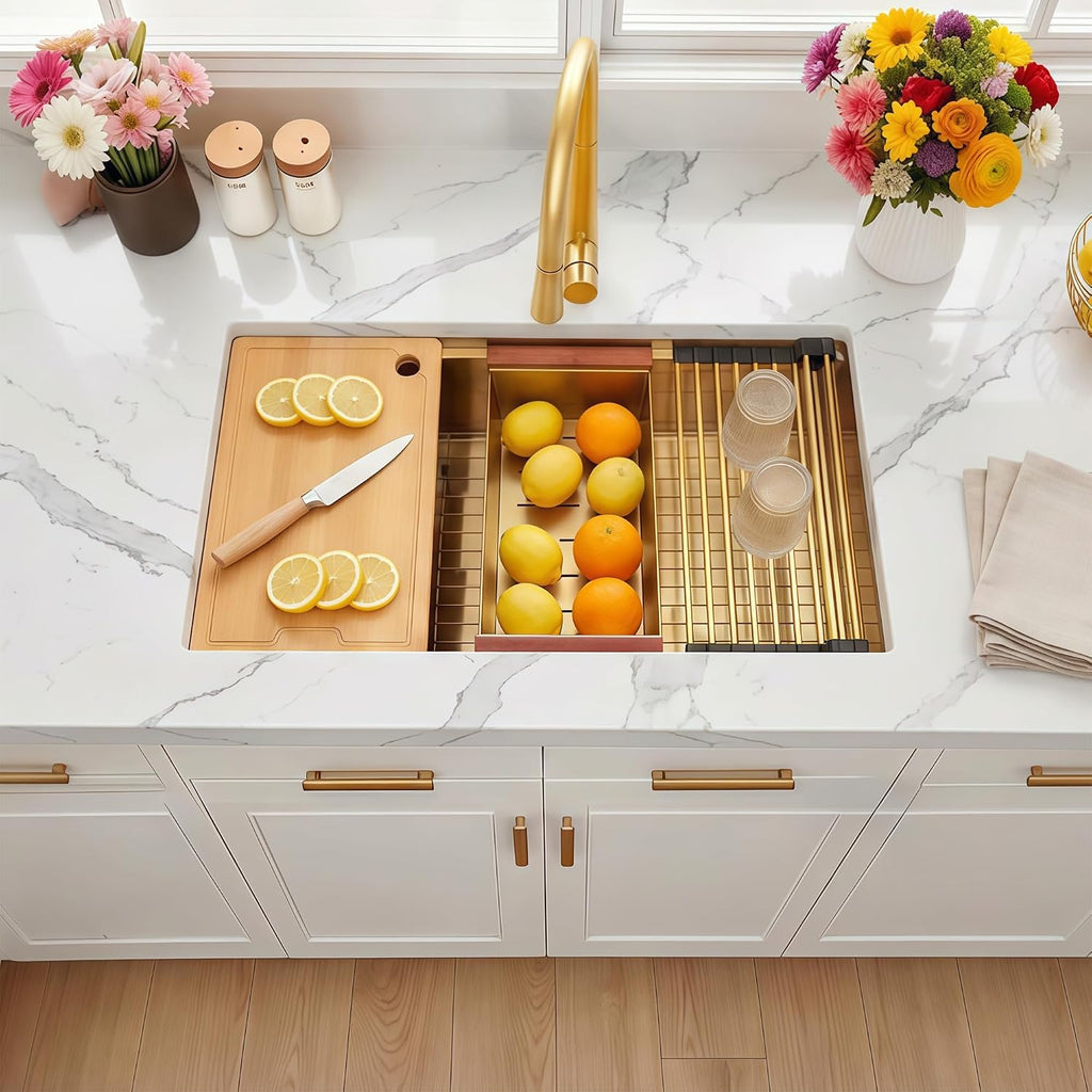 32 Inch Workstation Gold Kitchen Sink, 16 Gauge Undermount Sink