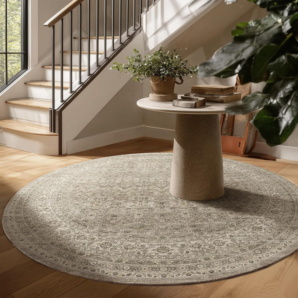 Washable Round Rugs for Bedroom: Circle Living Room Rug Vintage Non Slip Low Pile Soft Faux Wool Non Shedding