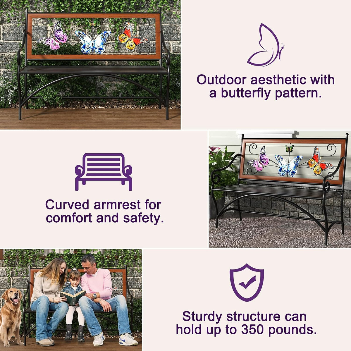 39.7" Outdoor Bench, Garden Bench, Patio Bench with Armrest, Slatted Seat and Butterfly Pattern Backrest for Outside