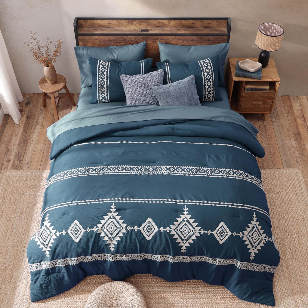 Embroidery Comforter Set 7 Pieces Navy Blue Bed in a Bag