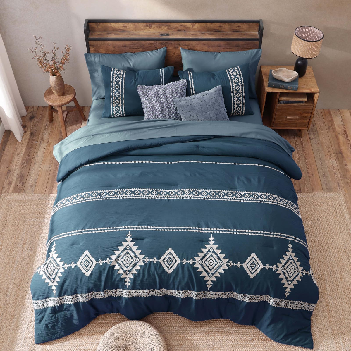 Embroidery Comforter Set 7 Pieces Navy Blue Bed in a Bag
