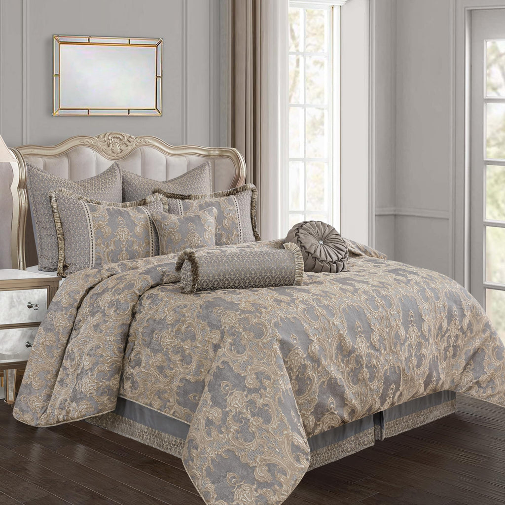 9-Piece Luxury Jacquard Comforter Set, Gray+Beige Brown