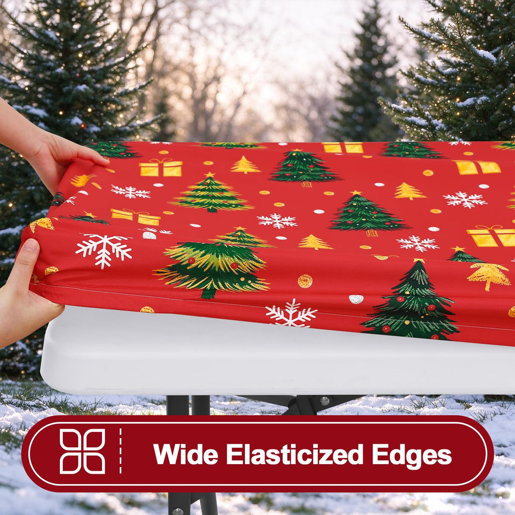 2 Pack Christmas Rectangle Table Cloth 8 Foot, Waterproof Elastic Fitted Tablecloths, Windproof Washable Polyester