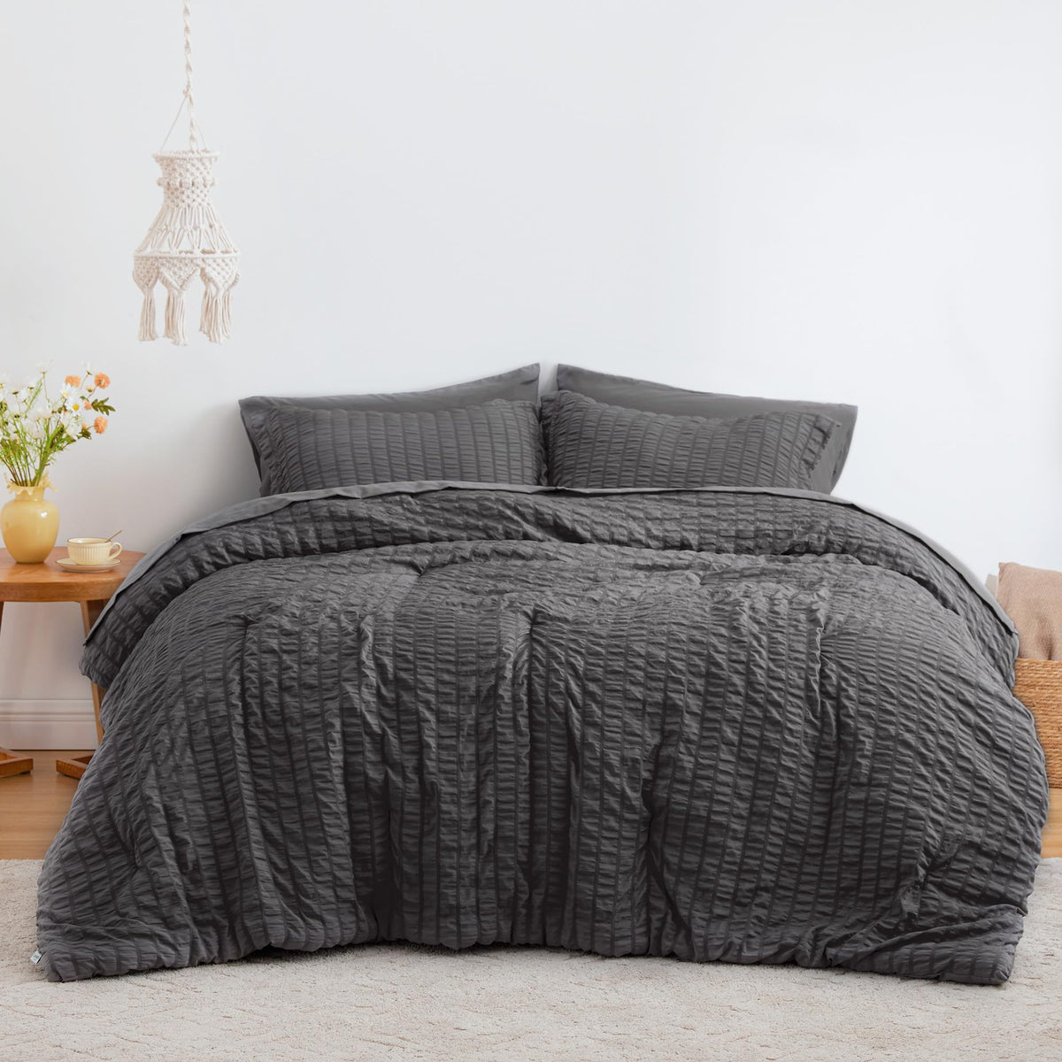 Seersucker Dark Grey California King Comforter Set, 7-Piece Bed in a Bag