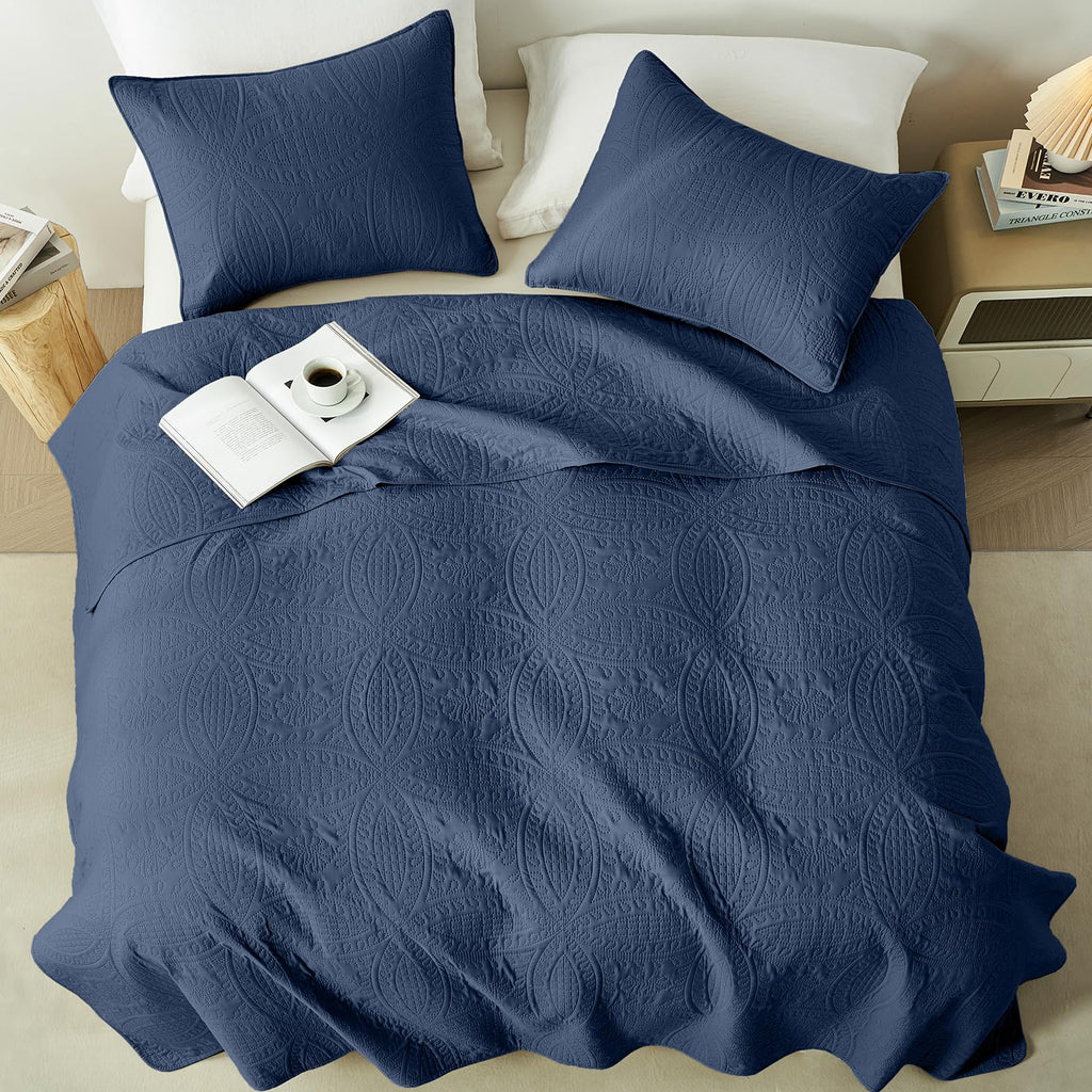118"x106" Navy Quilt Set, Oversized Floor-Length Bedspread, Modern Coin Pattern Microfiber Coverlet