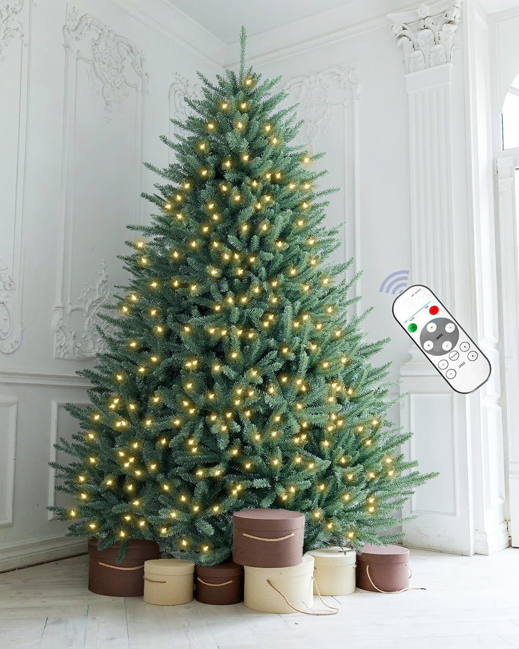 Pre-lit Christmas Tree 10FT Premium Spruce Artificial Remote Control with 1500 Dual Color LED Lights, Full Hinged Fir