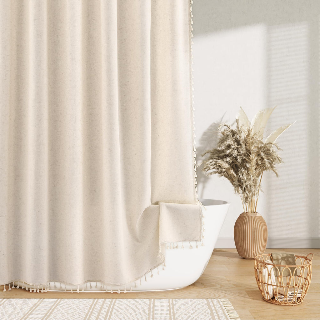 Beige Boho Linen 78 Inches Long Textured Bohemian Tassel Farmhouse Fabric Bath Curtain Set with Hooks Modern Vintage