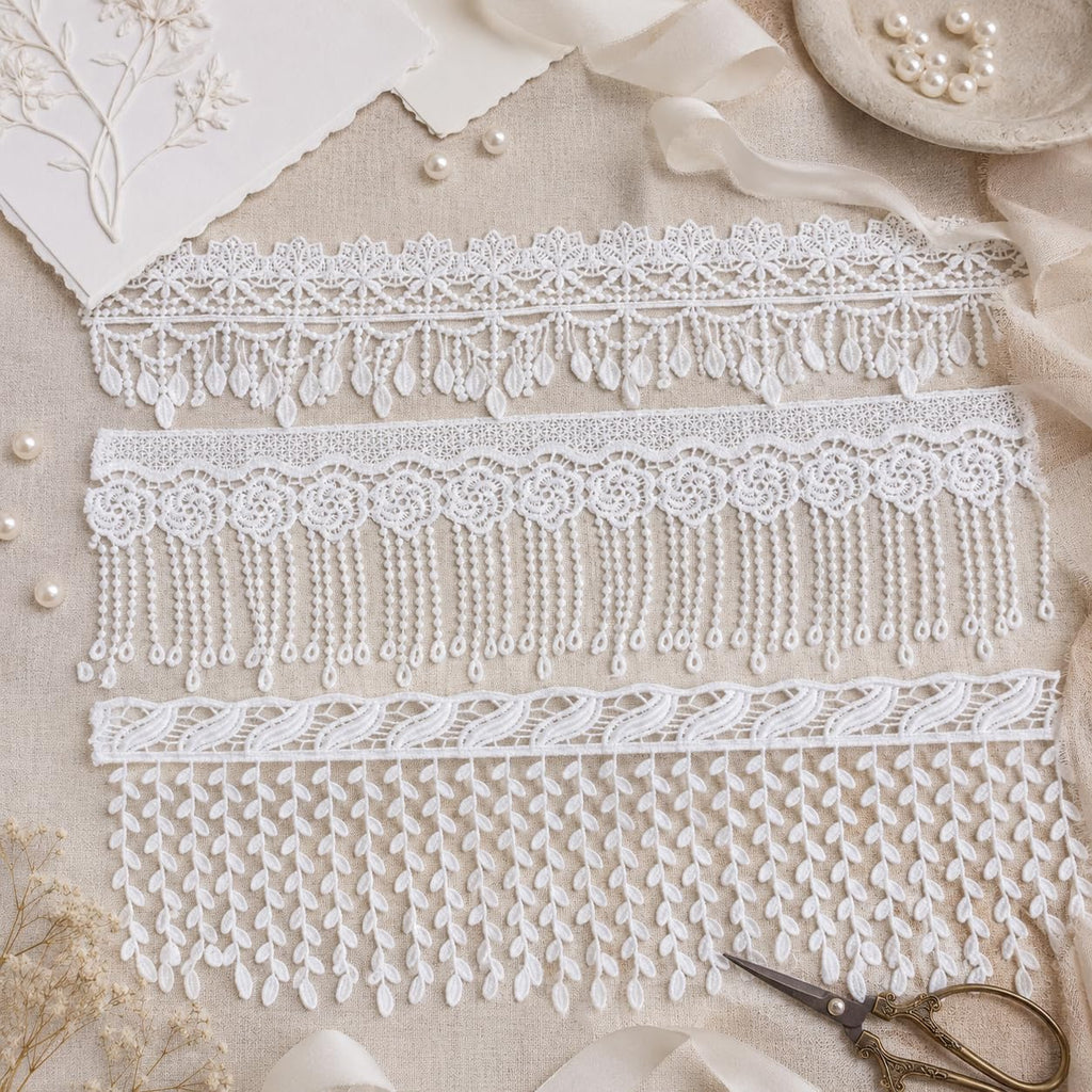 4.34 Inch White Lace Fringe Trim, Venice Lace Trim for Sewing