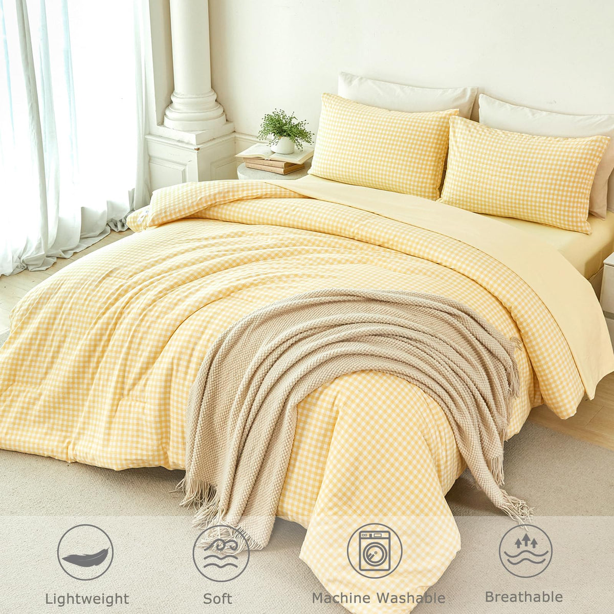 Gingham Bedding Sets 5Pcs Yellow Soft Plaid Bed in a Bag