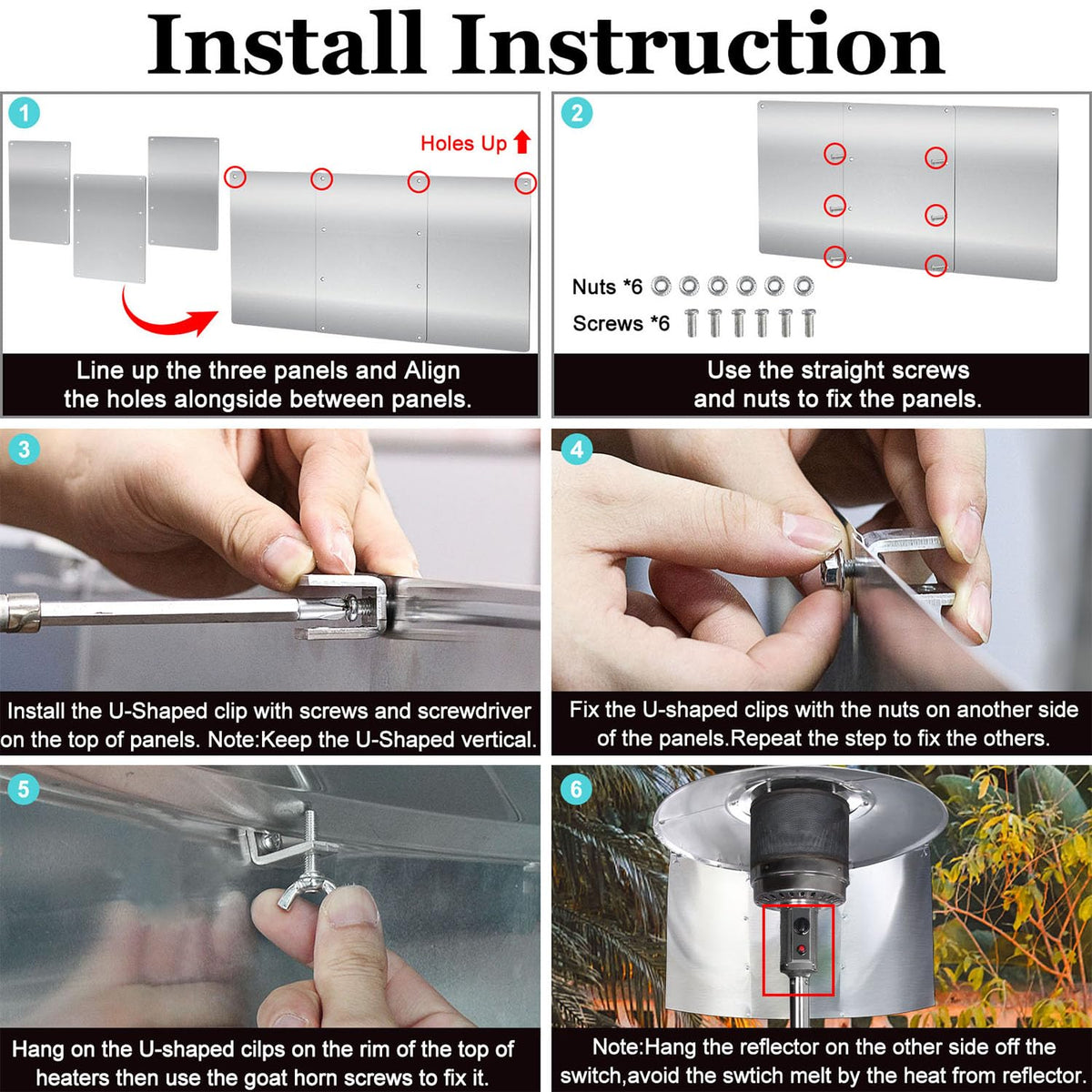 Upgraded Patio Heater Reflector Shield (3 Panels), 15" Height Heat Focusing Reflector for Round Natural Gas Propane