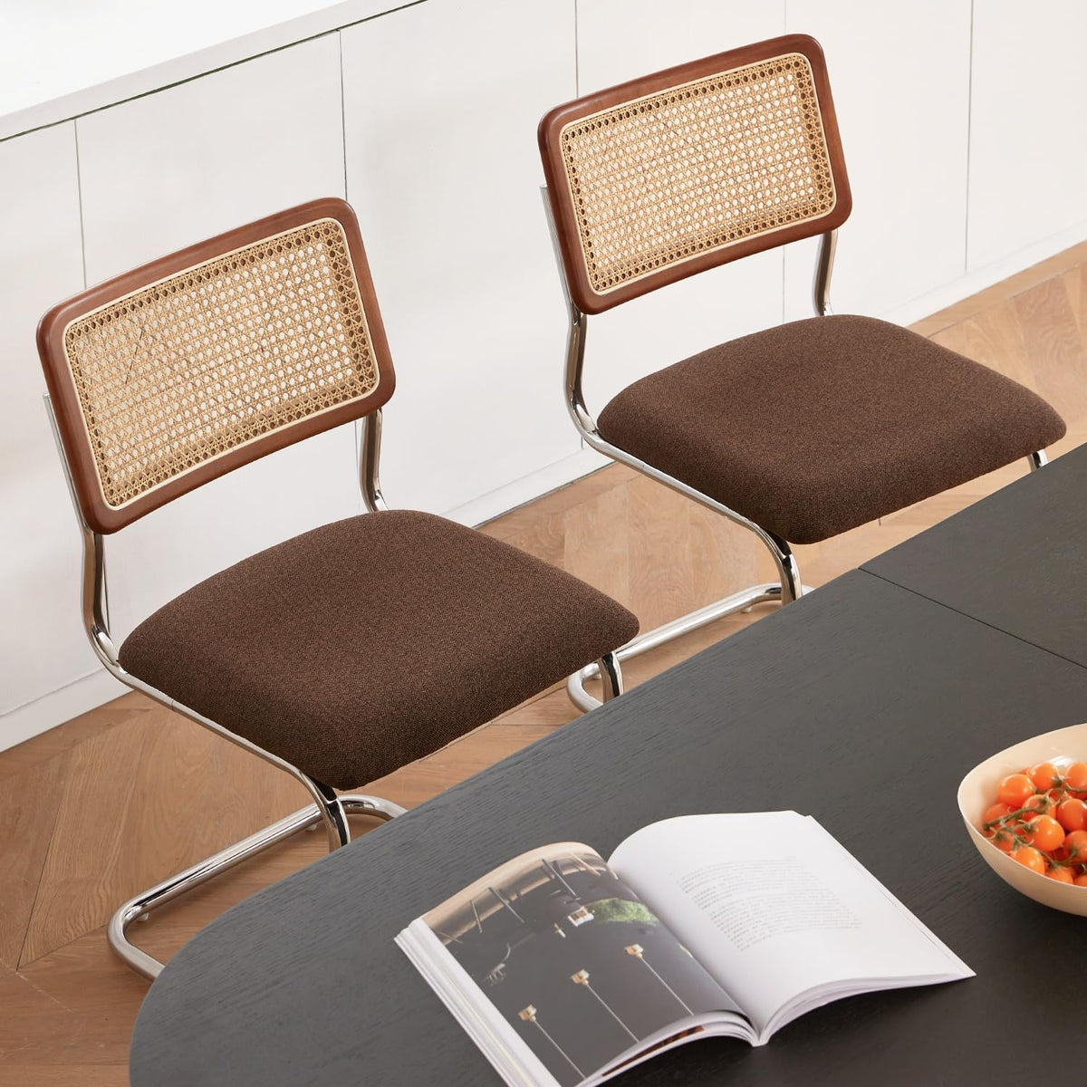 Rattan Dining Chairs Set of 4, Mid-Century Modern Wooden Kitchen Chairs with Cane Mesh Back and Metal Chrome Legs, Brown
