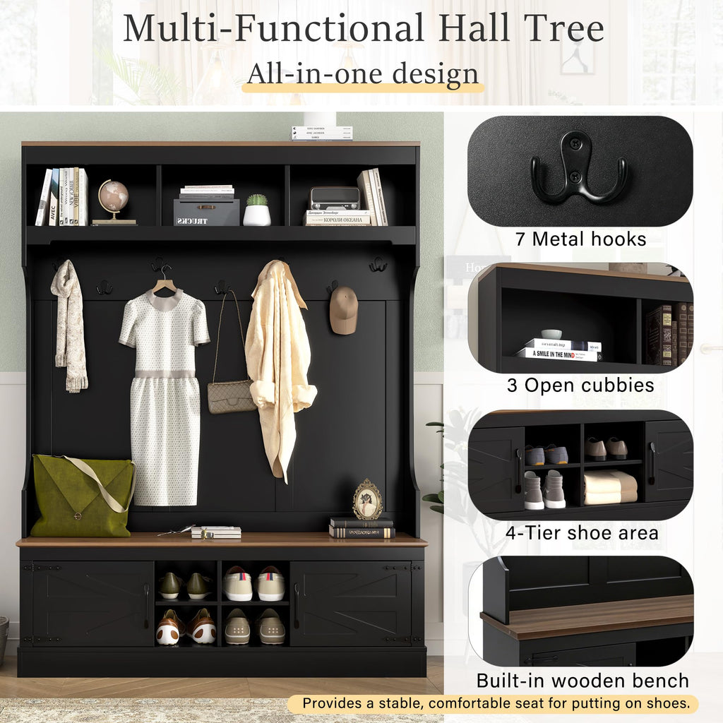 71''H Farmhouse Hall Tree with Bench and Shoe Storage, 5-in-1 Modern Entryway Storage Organizer Cabinet with Rack, 4