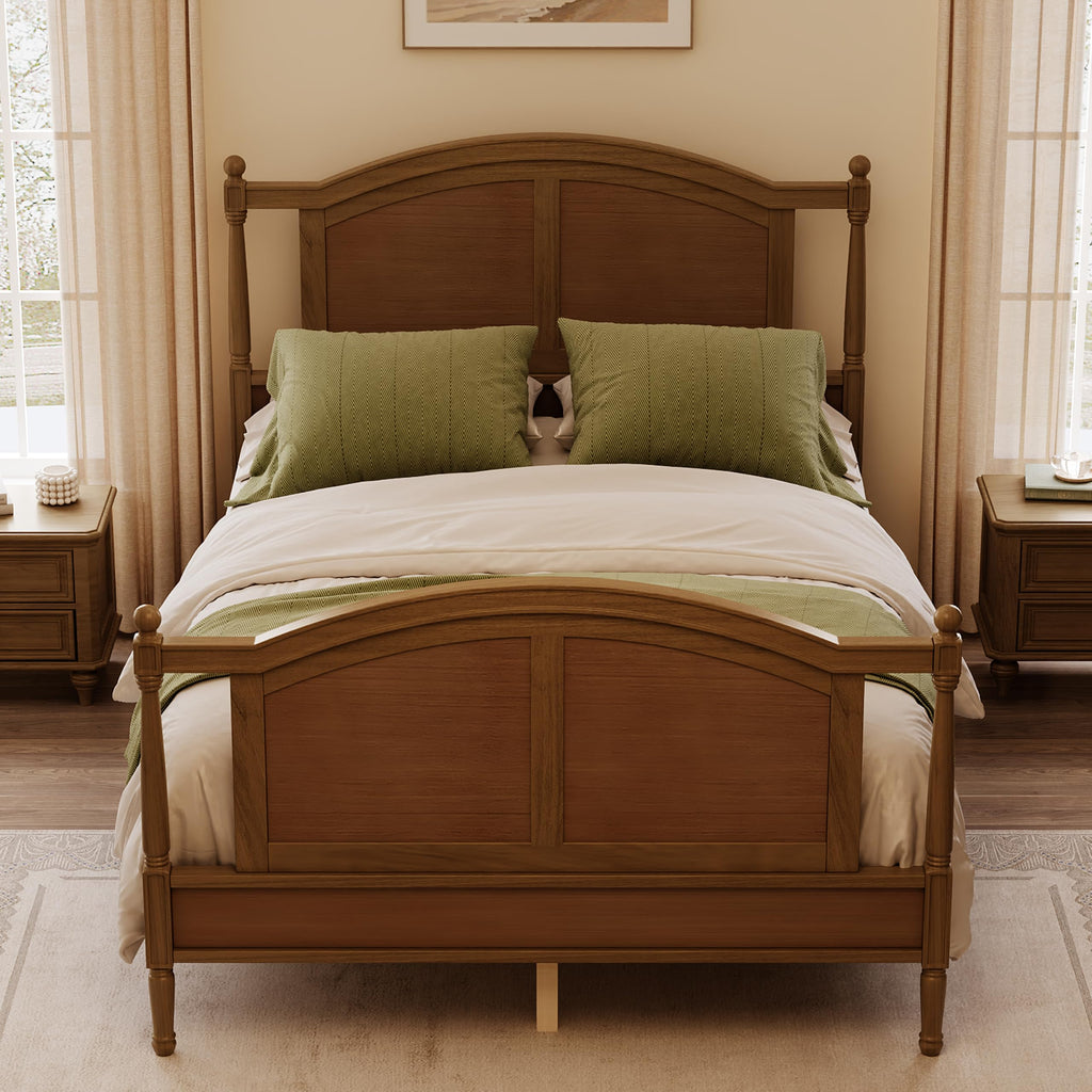 Traditional Spindle Wood Bed Frame with Arched Headboard, Walnut