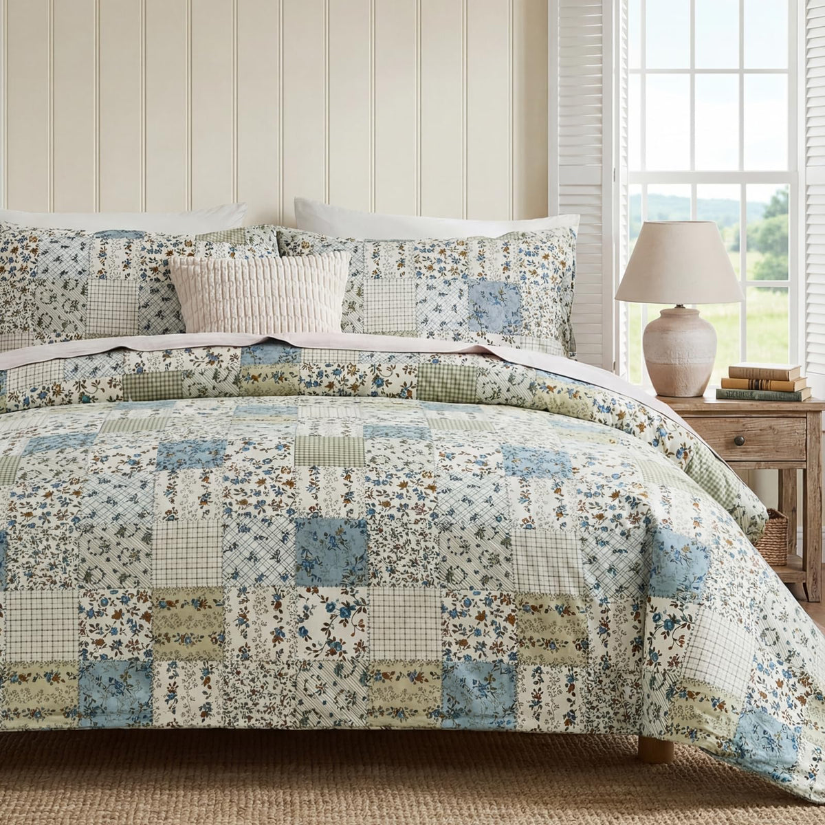 Vintage Floral Comforter Set 100% Cotton Blue Patchwork Bedding Comforter Sets All Season 3 Pieces Shabby Chic