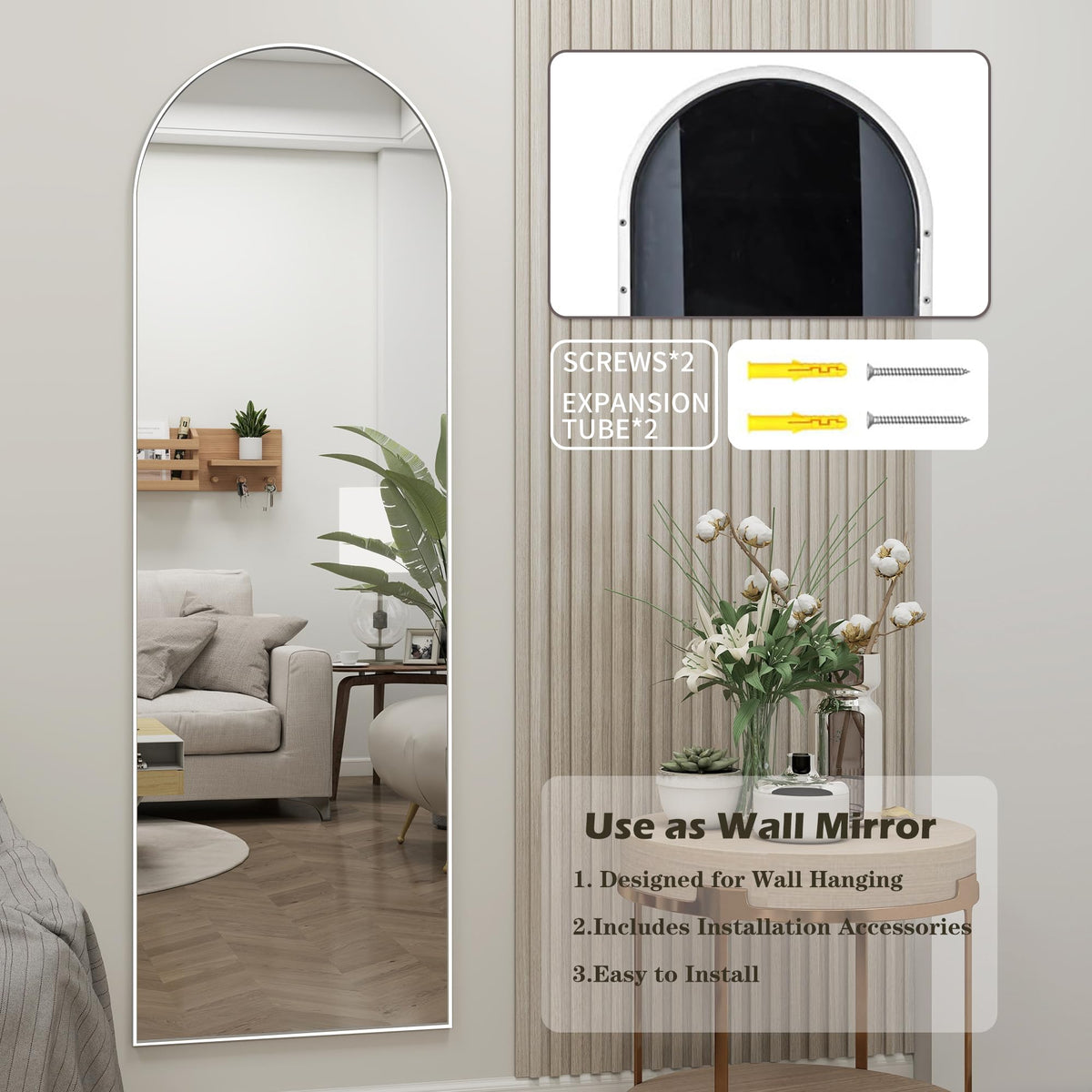 50"x 16" Door Mirror, Arched Full Length Hanging Mirror, White