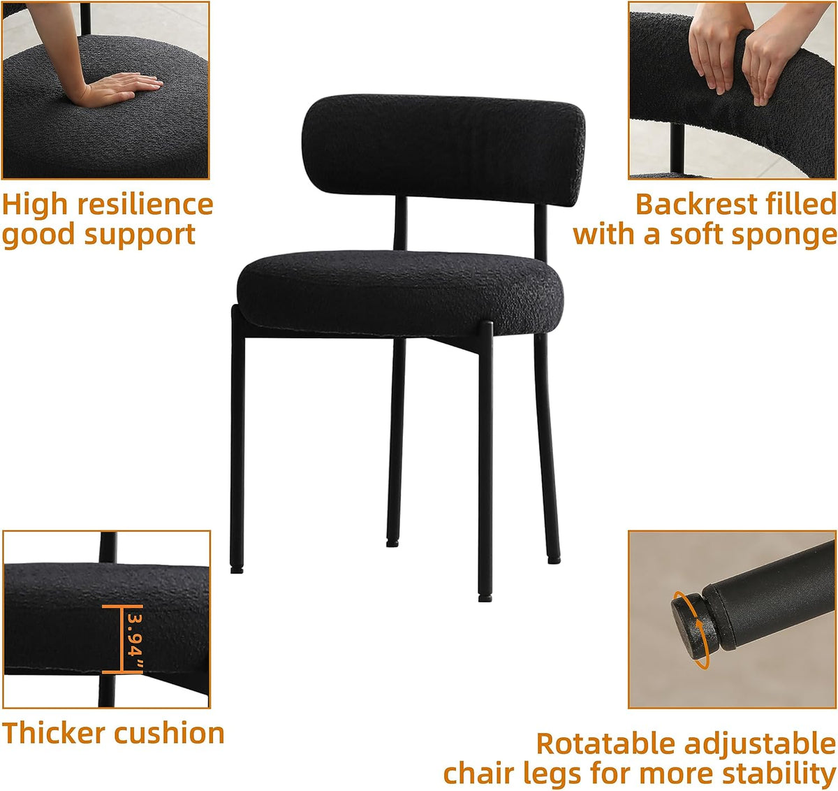 Black Boucle Dining Chairs Set of 2, Mid Century Modern Kitchen Chairs with Curved Backrest and Metal Legs