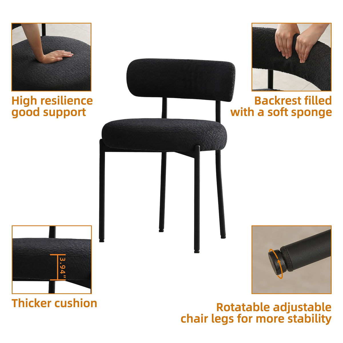 Boucle Set of 4, Upholstered Dining Room Chairs Black