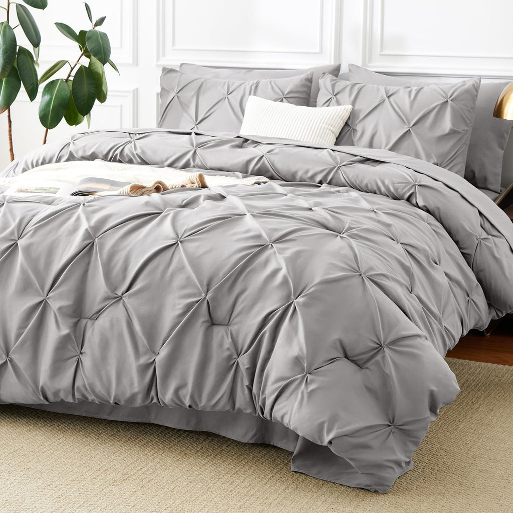 Queen Comforter Set French Grey, 7 Pieces Pintuck Bed in a Bag