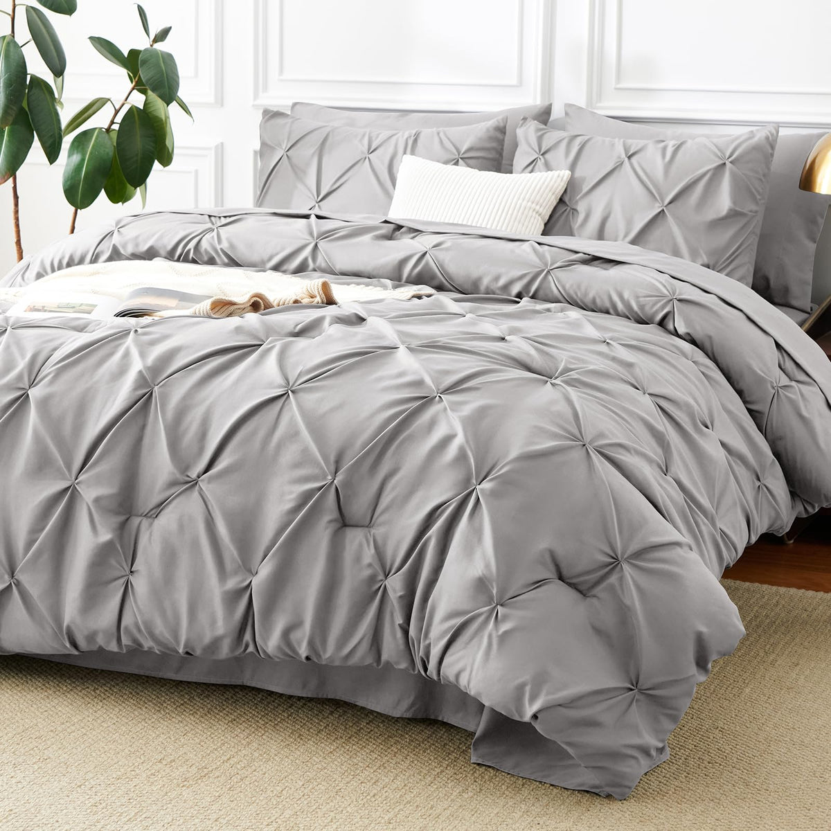 Queen Comforter Set French Grey, 7 Pieces Pintuck Bed in a Bag
