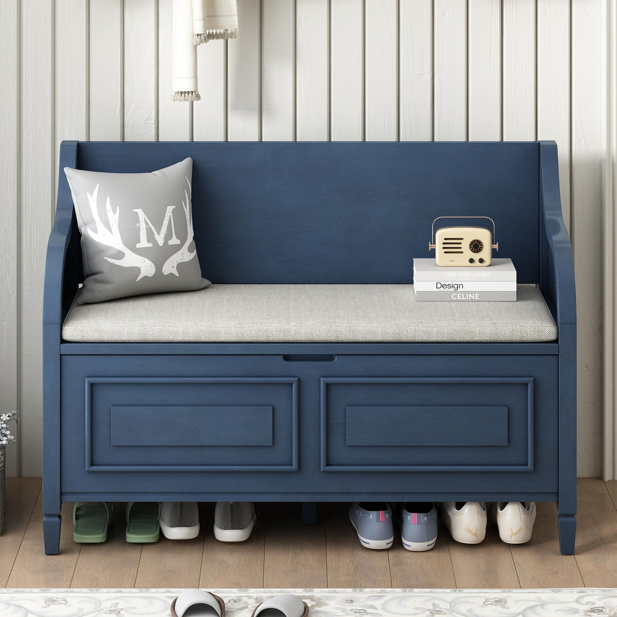 42" Rustic Storage Bench Entryway Bench Shoe Cabinet Ottoman (Antique Navy)